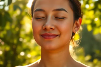 Mujer meditando al aire libre, ideal para meditar mindfulness principiantes.