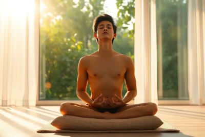 Joven meditando por primera vez mindfulness en casa