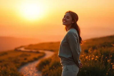 Mujer sonriente de pie en un sendero de campo al atardecer entre flores y luz dorada, 7 Pasos Clave para Mejorar Autoestima Durante un Atardecer.