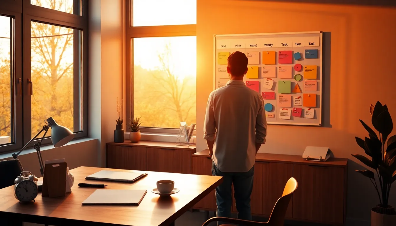 Hombre planificando para mejorar productividad gestion tiempo en la oficina moderna.