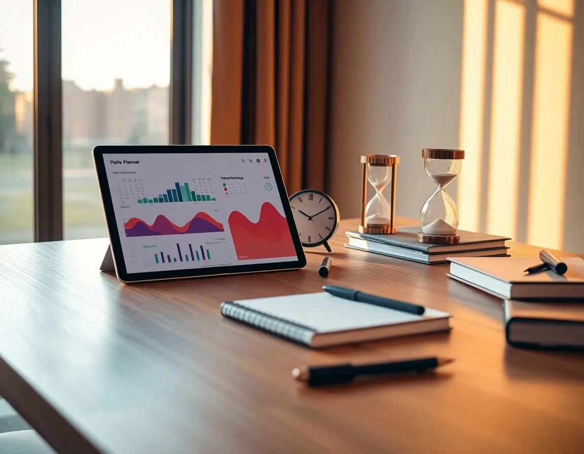 Mejores herramientas de gestión del tiempo para aumentar productividad en una oficina moderna con reloj de arena y tablet.