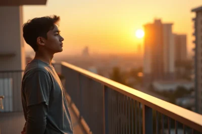 Joven reflexiona en balcón al amanecer como parte del metodo convertir buen habito rutina