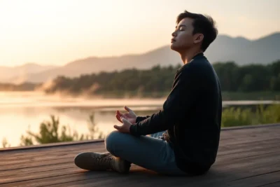Mindfulness empezar día 5 minutos junto a un lago al amanecer