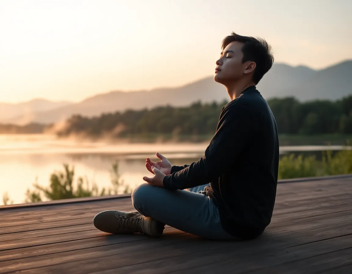 Mindfulness empezar día 5 minutos junto a un lago al amanecer