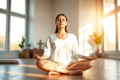 Mujer practicando mindfulness, manejo del estrés con técnicas de relajación y atención plena en un espacio iluminado.