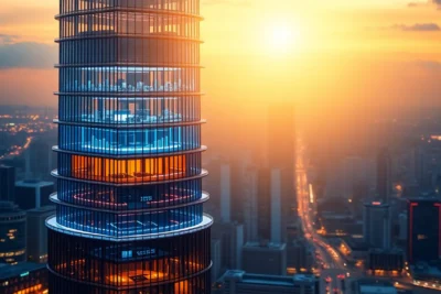 Edificio iluminado al atardecer simbolizando niveles estrategia empresarial