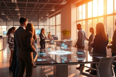 Reunión en oficina moderna explorando nuevas tecnicas organizacion trabajo