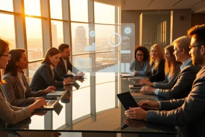 Grupo de personas en una reunión visualizando datos para una organización eficiente recursos humanos.