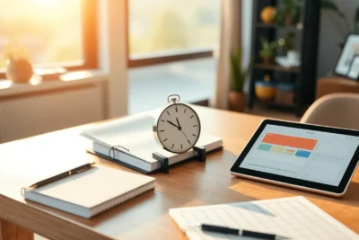 Mesa de trabajo con reloj, cuaderno, lápiz y tablet para organizacion personal gestion tiempo