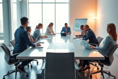 Grupo profesional discutiendo sobre la organizacion trabajo personal equipo en una sala de reuniones.
