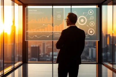 Hombre observando gráficos de planificación estratégica dirección objetivos en un edificio empresarial.
