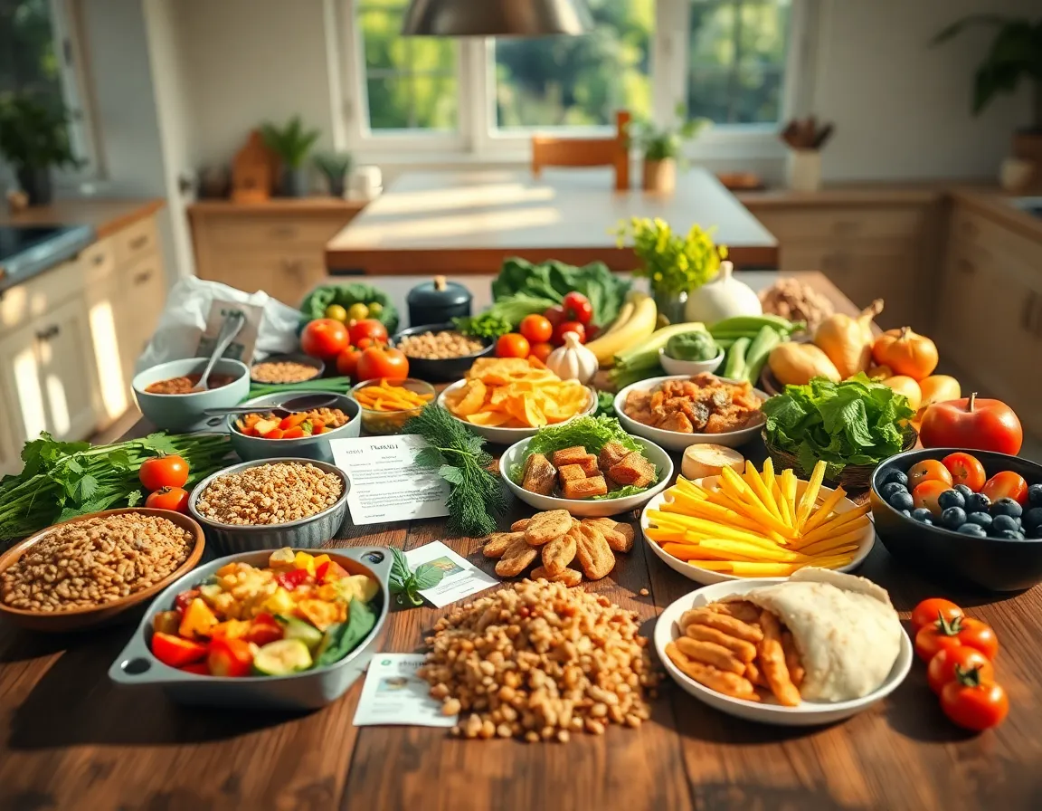 Mesa con variedad de alimentos para planificacion menus dietas especiales