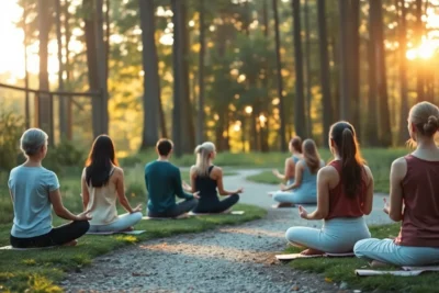 Practicar mindfulness 12 pasos al aire libre con un grupo meditando en el bosque.