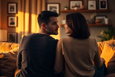 Pareja en conversación íntima sobre cómo reconstruir confianza después infidelidad