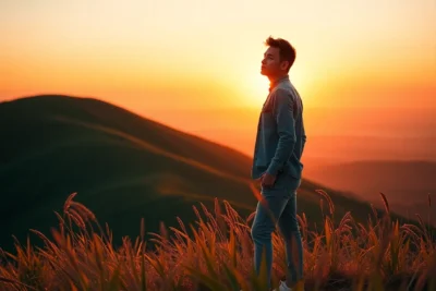 Hombre al atardecer para reforzar confianza uno mismo con la naturaleza