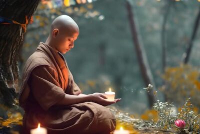 Joven meditando con vela, cómo hacer que la mente se relaje