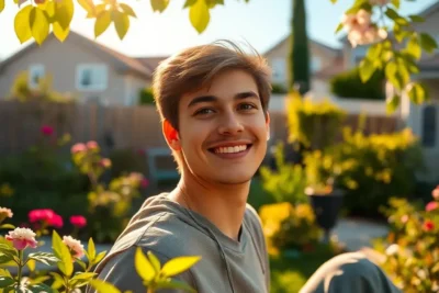 Joven sonriendo al sol en rutina mañana fines de semana en el jardín.