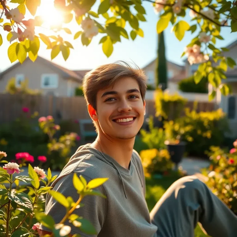 Joven sonriendo al sol en rutina mañana fines de semana en el jardín.