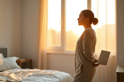 Persona mirando por la ventana al amanecer planificando su rutina mañana ser más productiva