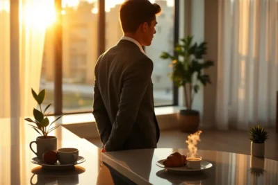 Hombre en su rutina matutina antes trabajar con desayuno y sol matutino