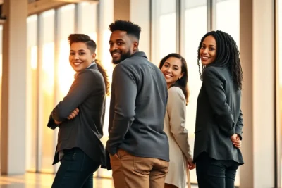 Grupo diverso sonriendo, resaltando que se puede construir confianza.