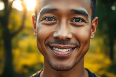 Son habilidades inteligencia emocional en persona sonriente al aire libre.