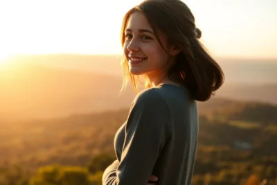 Joven sonriendo para subir autoestima adolescente al atardecer