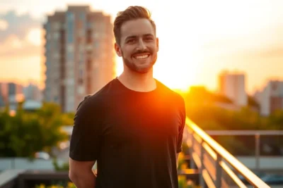 Hombre sonriendo al atardecer en una ciudad para subir autoestima hombre.