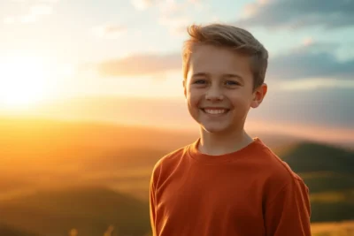 Niño sonriente disfrutando del atardecer para subir autoestima mi hijo