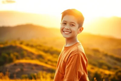 Niño de 12 años sonriendo al aire libre para subir autoestima niño 12 años