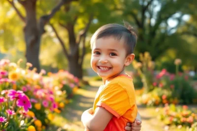 Niño de 6 años sonriendo en jardín, subir autoestima niño 6 años