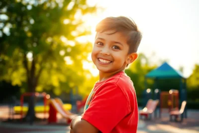 Niño sonriente en parque que refleja la idea de subir autoestima nino 8 anos.