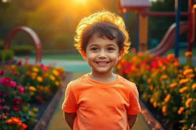 Niño sonriente en un parque al atardecer para subir autoestima ninos
