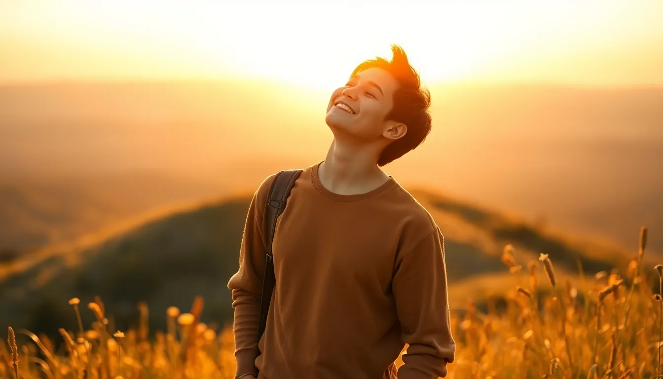 Subir autoestima persona sonriente al atardecer en el campo