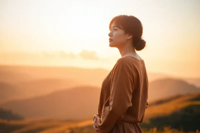 Mujer reflexionando al amanecer para subir autoestima según Biblia