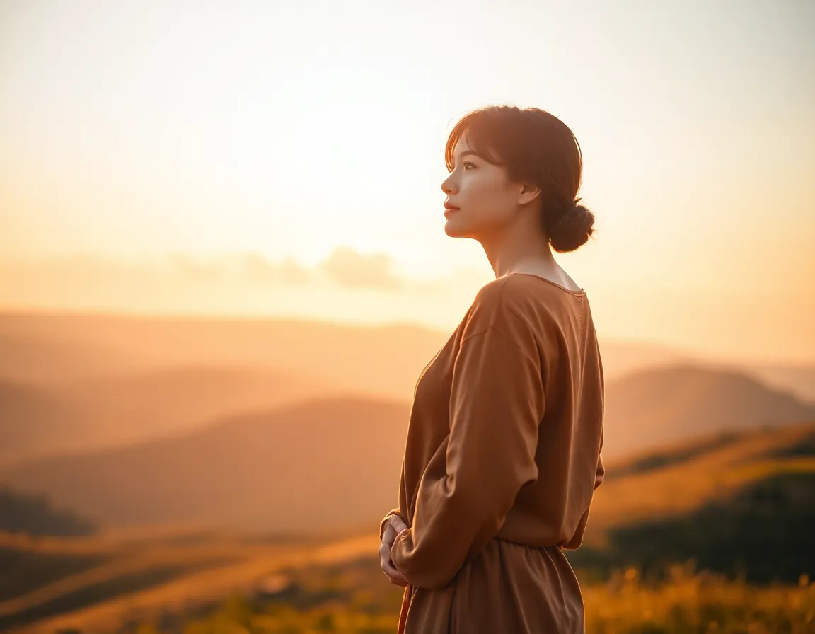 Mujer reflexionando al amanecer para subir autoestima según Biblia