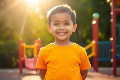 Niño sonriente jugando al aire libre para subir autoestima tu hijo