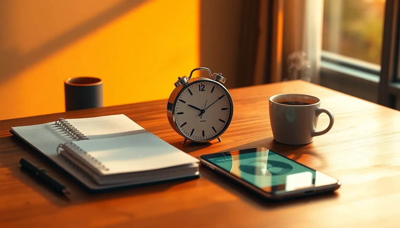 Mesa con reloj, cuaderno y taza de café como símbolos de técnicas aprender gestionar tiempo