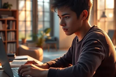 Técnicas de Concentración para Estudiar Mejor: Joven Enfocado en su Laptop tecleando en un escritorio con luz cálida y material de estudio
