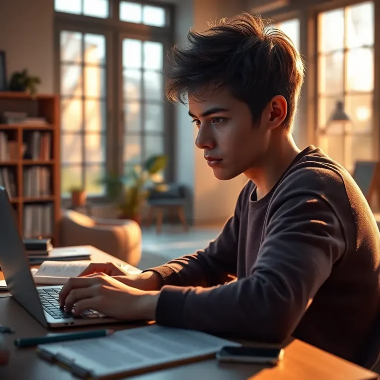 Técnicas de Concentración para Estudiar Mejor: Joven Enfocado en su Laptop tecleando en un escritorio con luz cálida y material de estudio