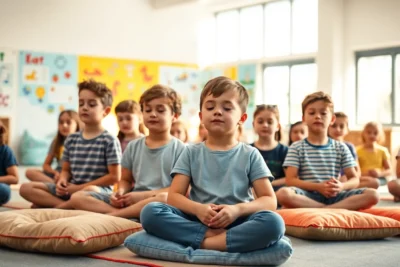 Varios niños de primaria sentados en cojines con los ojos cerrados practicando respiración y calma como parte de Estrategias Efectivas: Técnicas de Concentración para Niños de Primaria.