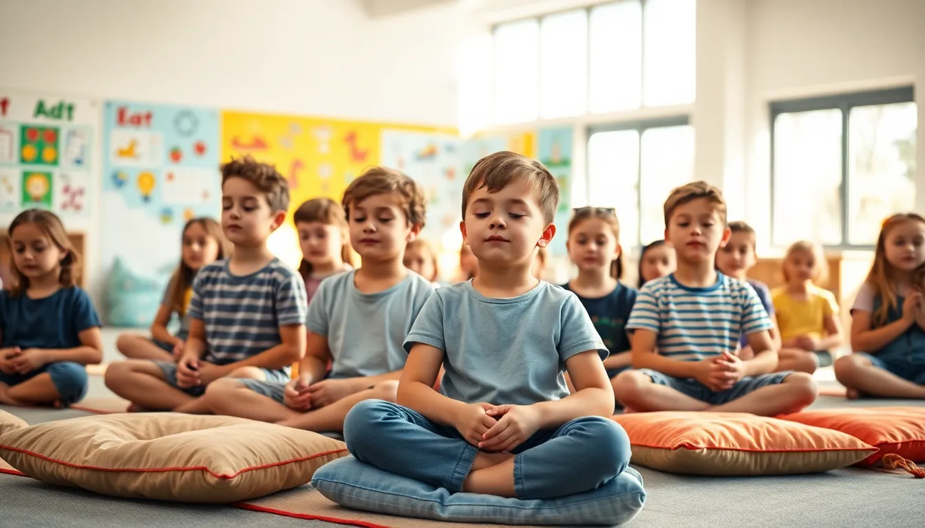 Varios niños de primaria sentados en cojines con los ojos cerrados practicando respiración y calma como parte de Estrategias Efectivas: Técnicas de Concentración para Niños de Primaria.