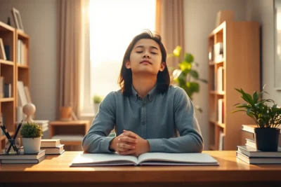 Persona en un escritorio ordenado con cuaderno abierto y ojos cerrados, demostrando Técnicas para Concentrarse en el Estudio en un Entorno Ideal.