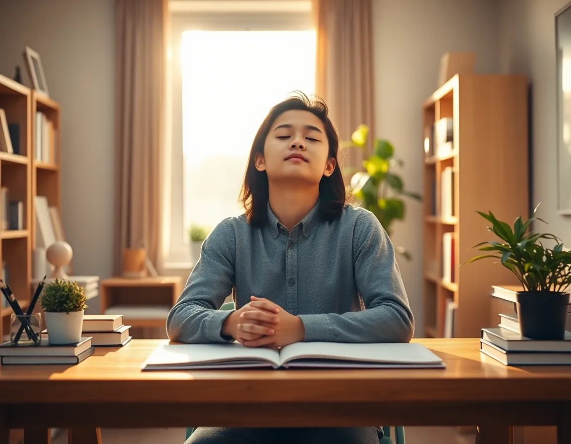 Persona en un escritorio ordenado con cuaderno abierto y ojos cerrados, demostrando Técnicas para Concentrarse en el Estudio en un Entorno Ideal.