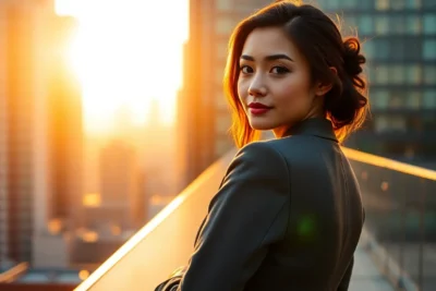 Mujer en azotea urbana al atardecer mostrando Técnicas confianza en sí mismo en el entorno urbano al atardecer.