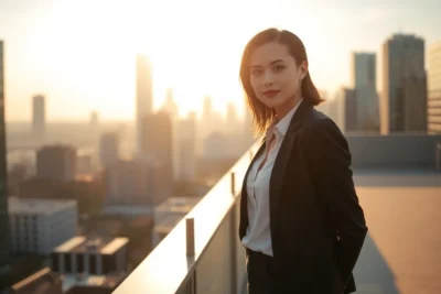 Mujer profesional en azotea urbana al atardecer mostrando Técnicas para crear confianza paso a paso en ambientes laborales urbanos.