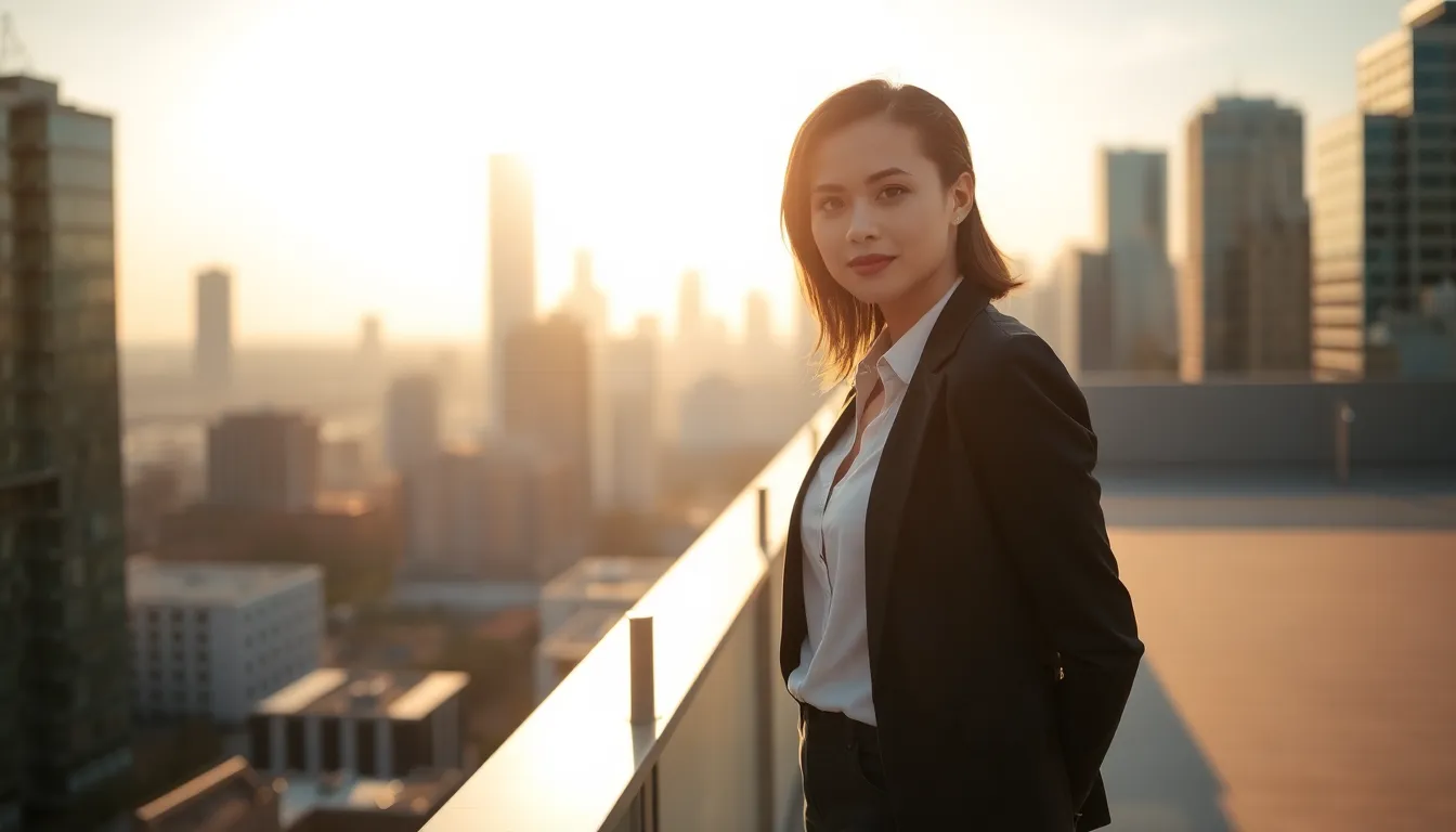Mujer profesional en azotea urbana al atardecer mostrando Técnicas para crear confianza paso a paso en ambientes laborales urbanos.