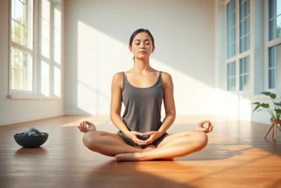 Persona meditando en postura de loto en una sala luminosa practicando Técnicas para desarrollar la atención plena y mejorar tu bienestar.