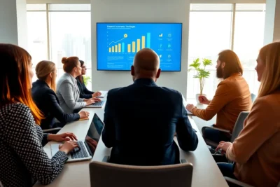 Equipo reunido observando una pantalla con gráficos que ilustran Técnicas para el desarrollo del personal que impulsan talento.