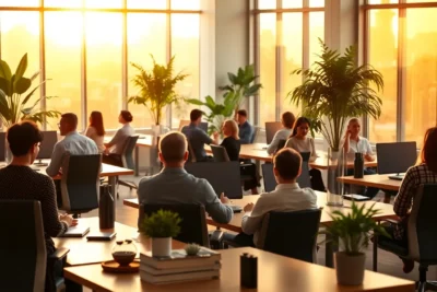 Oficina abierta con profesionales colaborando al atardecer, imagen para Técnicas de desarrollo personal en empresa para potenciar resultados